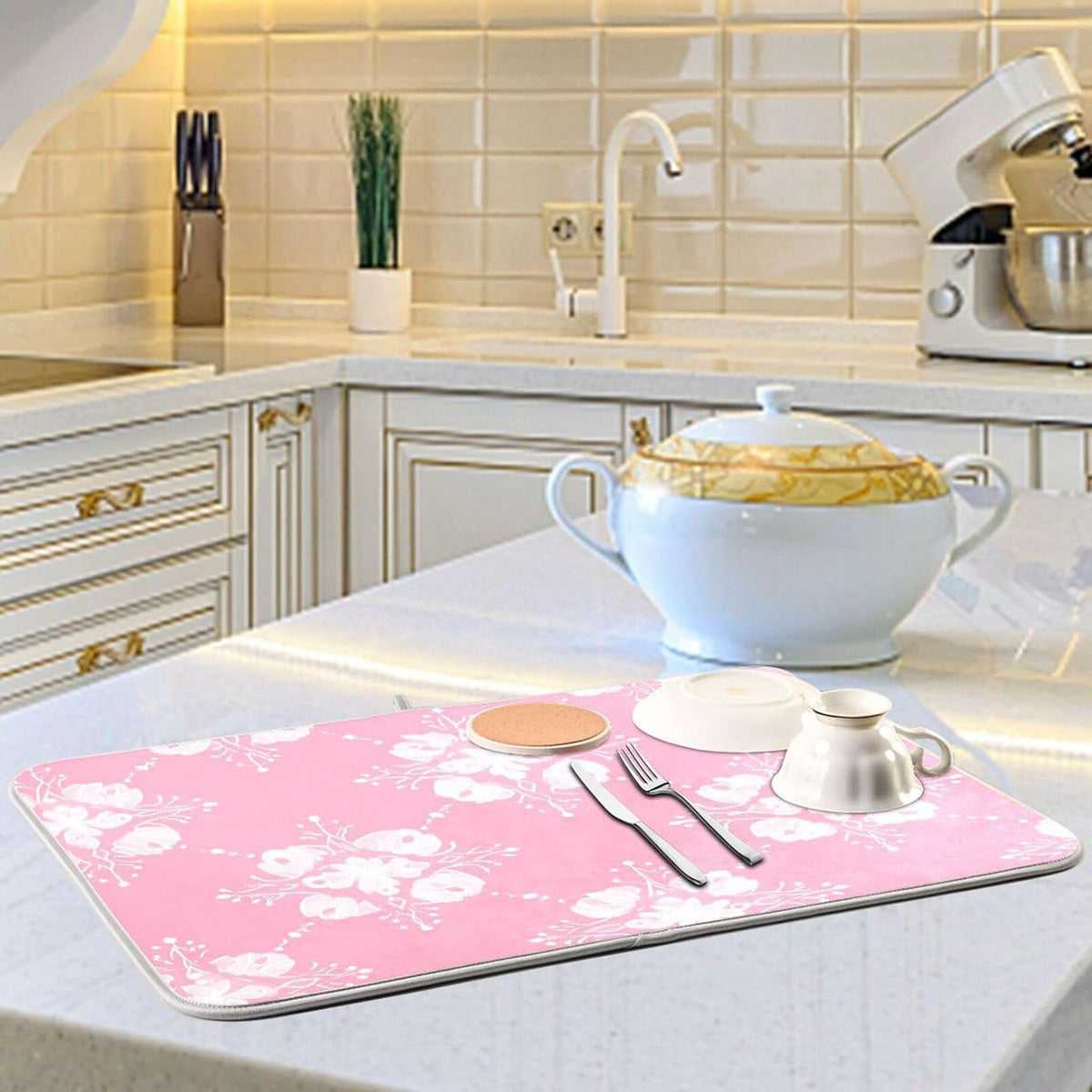 Light Pink Pattern Dish Drying Mat for Kitchen Counter Absorbent Heat Resistant Microfiber Dishes Drainer Mat 16x18 in Dish Pad Sink Mat Protective Pad Kitchen Decor