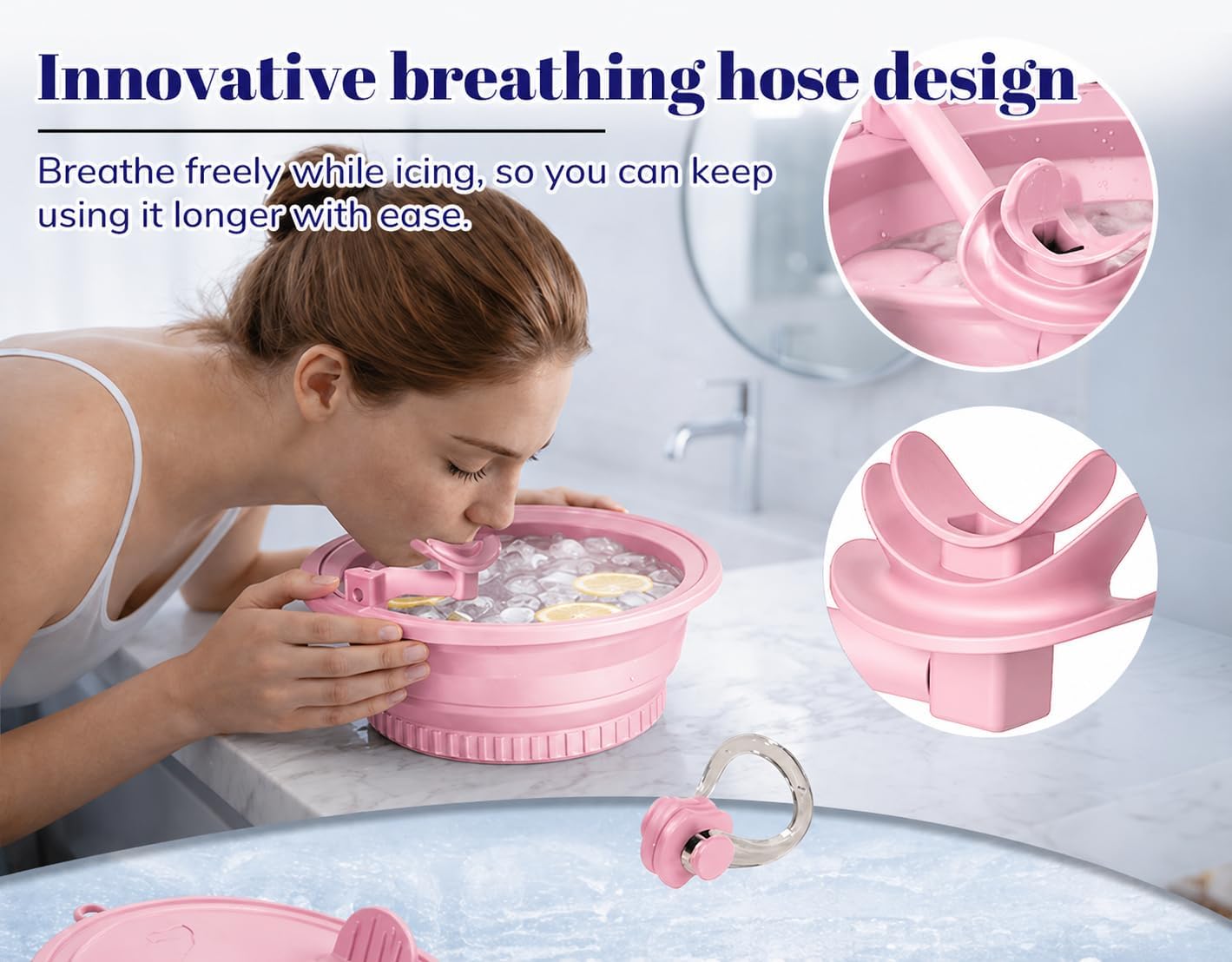 Face Ice Bath Bowl with Breathing Tubes and Built-in Ice Tray, Collapsible Silicone Ice Bowl for Face Cold Plunge, Portable Facial Ice Roller Alternative for Skin Tightening and Depuffing (Pink)