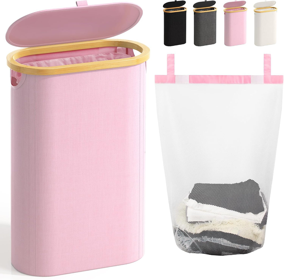 Slim Laundry Hamper with Lid, 60L Small Laundry Basket, Pink