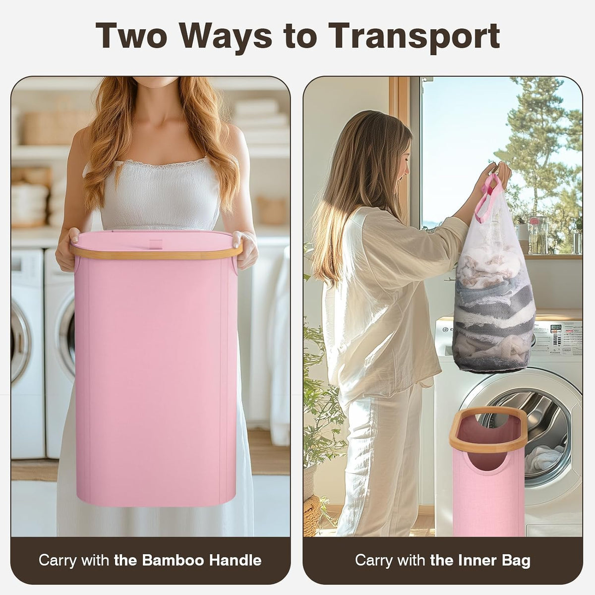 Slim Laundry Hamper with Lid, 60L Small Laundry Basket, Pink