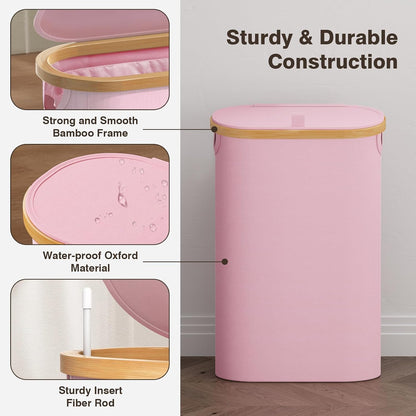 Slim Laundry Hamper with Lid, 60L Small Laundry Basket, Pink