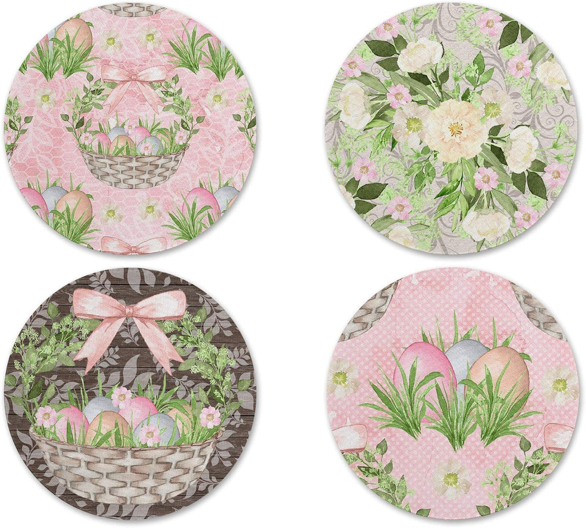 Rustic Easter Eggs Gift Basket Vintage Pastel Pink Floral Print Design Neoprene Drink Coasters (Set of 4) - Handmade