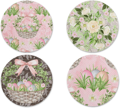 Rustic Easter Eggs Gift Basket Vintage Pastel Pink Floral Print Design Neoprene Drink Coasters (Set of 4) - Handmade