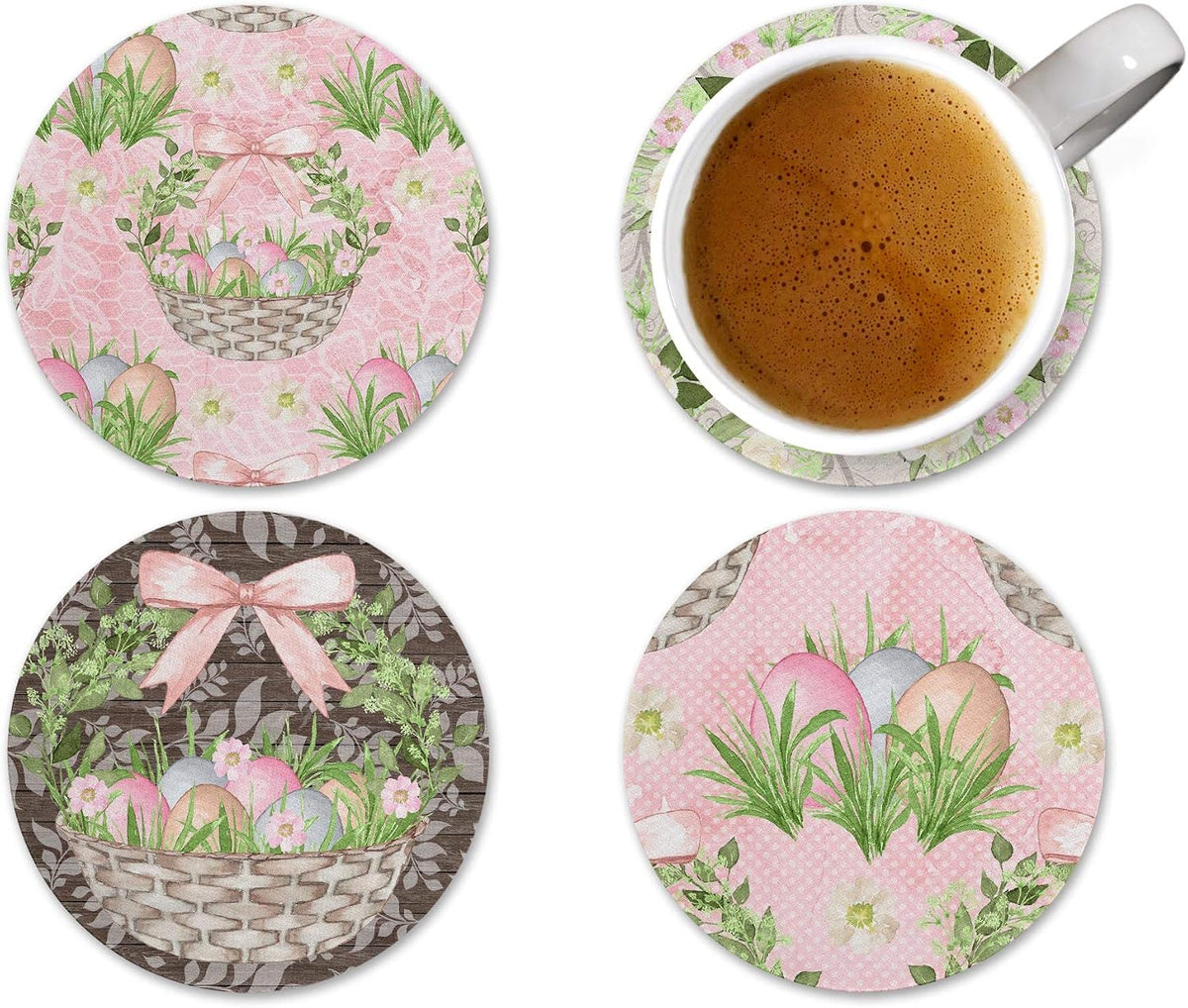 Rustic Easter Eggs Gift Basket Vintage Pastel Pink Floral Print Design Neoprene Drink Coasters (Set of 4) - Handmade