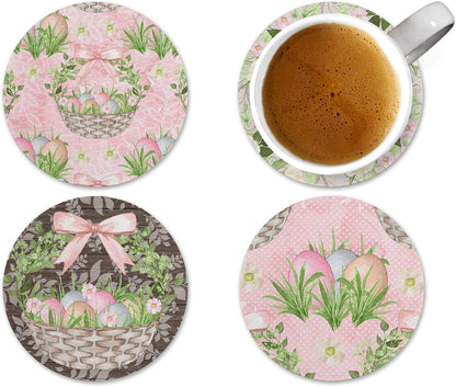 Rustic Easter Eggs Gift Basket Vintage Pastel Pink Floral Print Design Neoprene Drink Coasters (Set of 4) - Handmade