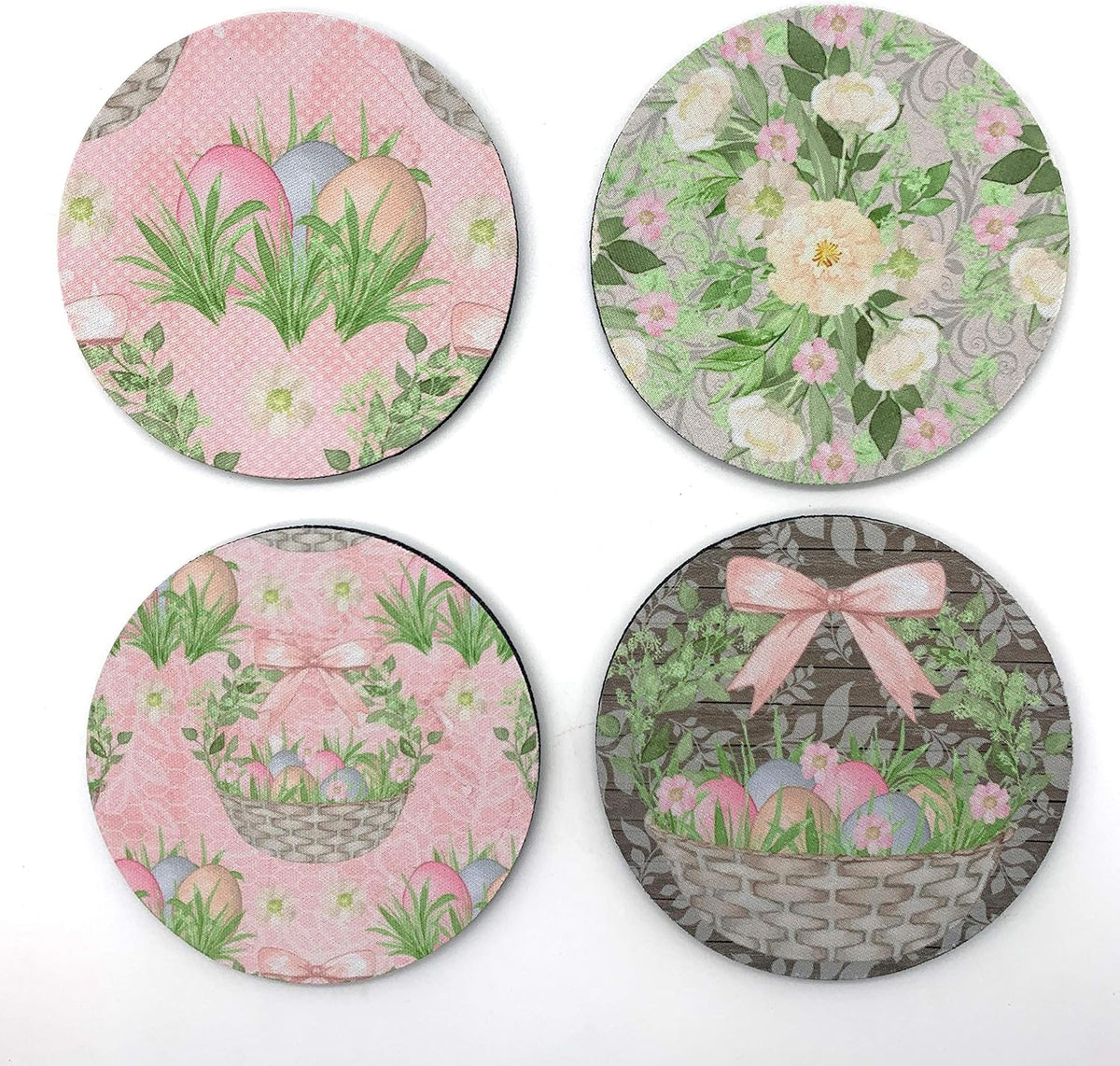 Rustic Easter Eggs Gift Basket Vintage Pastel Pink Floral Print Design Neoprene Drink Coasters (Set of 4) - Handmade