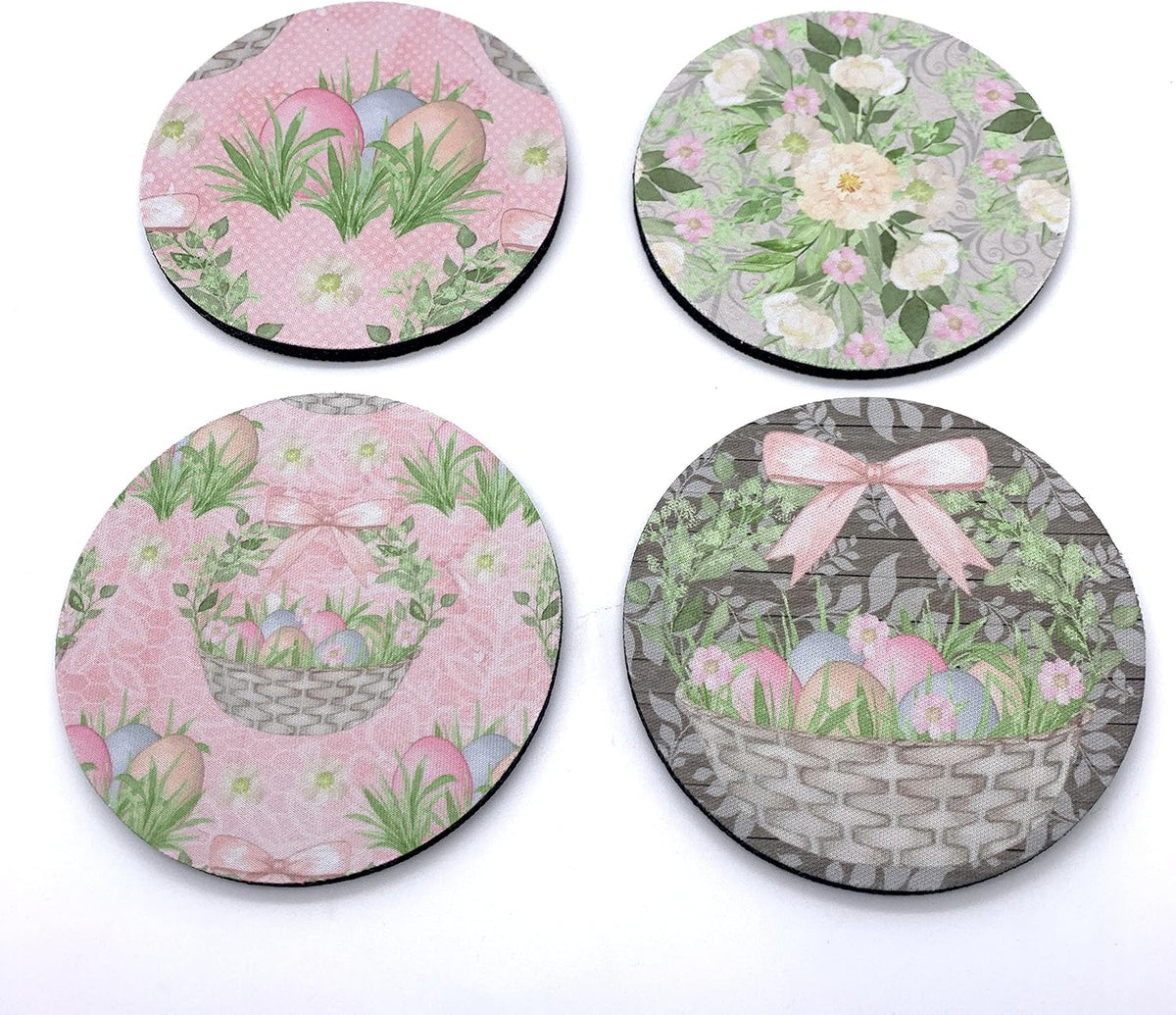 Rustic Easter Eggs Gift Basket Vintage Pastel Pink Floral Print Design Neoprene Drink Coasters (Set of 4) - Handmade