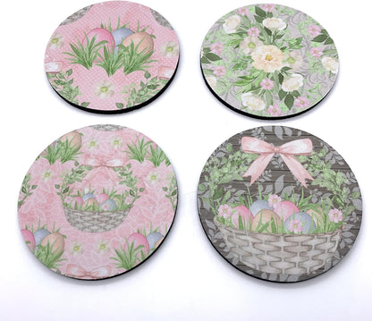 Rustic Easter Eggs Gift Basket Vintage Pastel Pink Floral Print Design Neoprene Drink Coasters (Set of 4) - Handmade