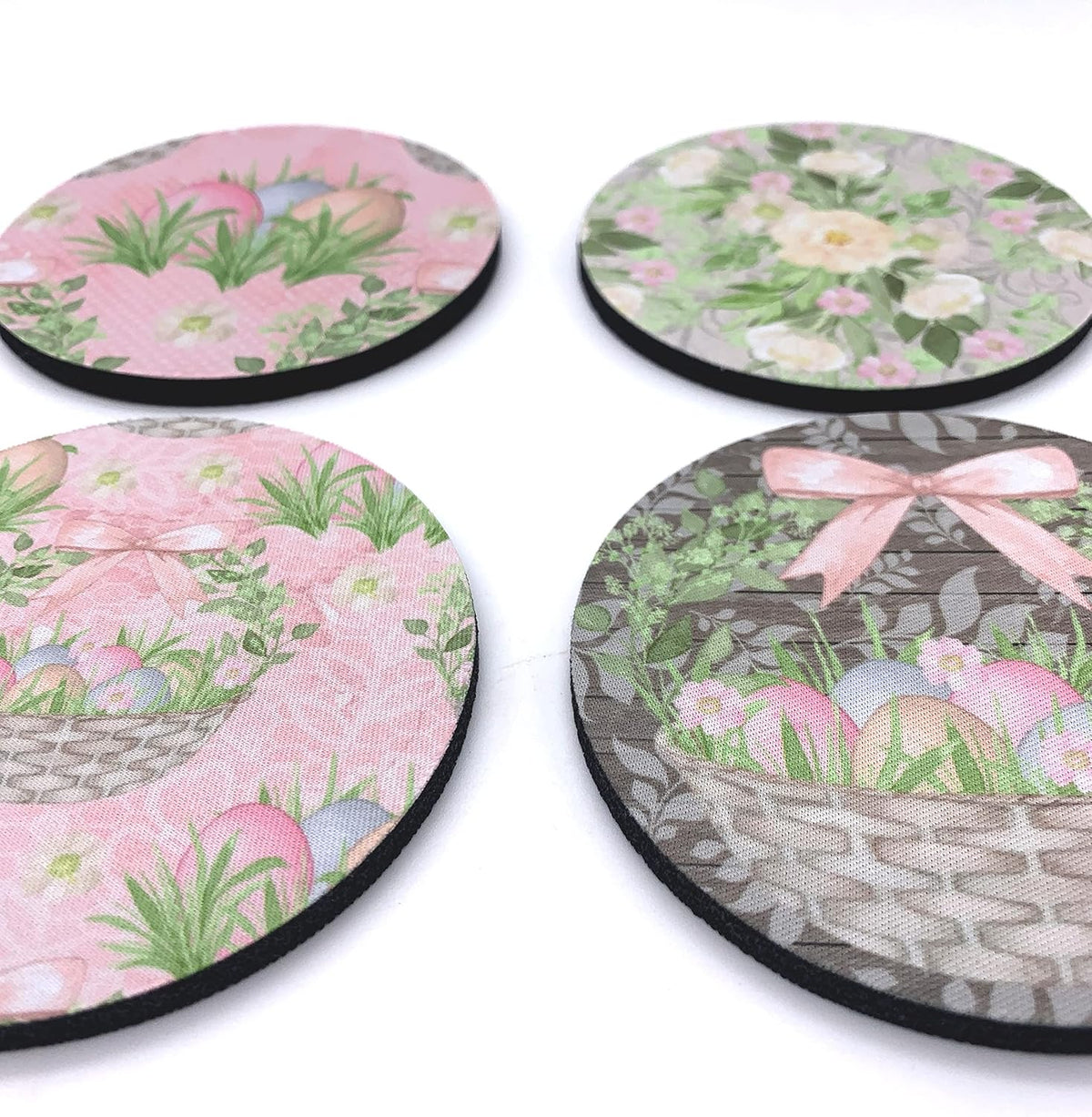 Rustic Easter Eggs Gift Basket Vintage Pastel Pink Floral Print Design Neoprene Drink Coasters (Set of 4) - Handmade