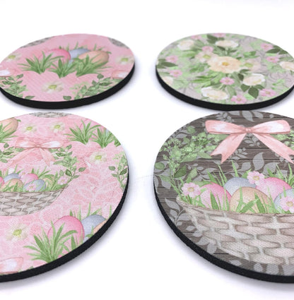 Rustic Easter Eggs Gift Basket Vintage Pastel Pink Floral Print Design Neoprene Drink Coasters (Set of 4) - Handmade