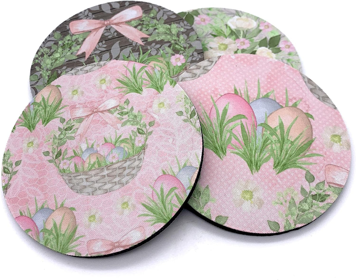 Rustic Easter Eggs Gift Basket Vintage Pastel Pink Floral Print Design Neoprene Drink Coasters (Set of 4) - Handmade