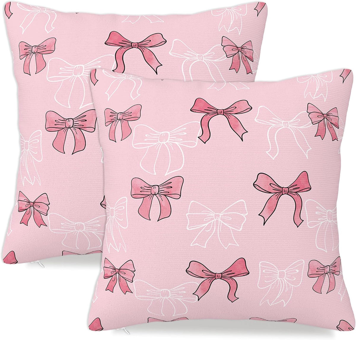 Pink Bow Throw Pillow Cover Case 18x18 Set of 2 Preppy Cute Aesthetic Art Decor Decorative Pillowcover Zipper Couch Women Girl Farmhouse Bedroom Square Sofa Cushion Living Room Bed Classroom