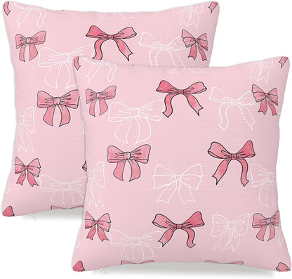 Pink Bow Throw Pillow Cover Case 18x18 Set of 2 Preppy Cute Aesthetic Art Decor Decorative Pillowcover Zipper Couch Women Girl Farmhouse Bedroom Square Sofa Cushion Living Room Bed Classroom