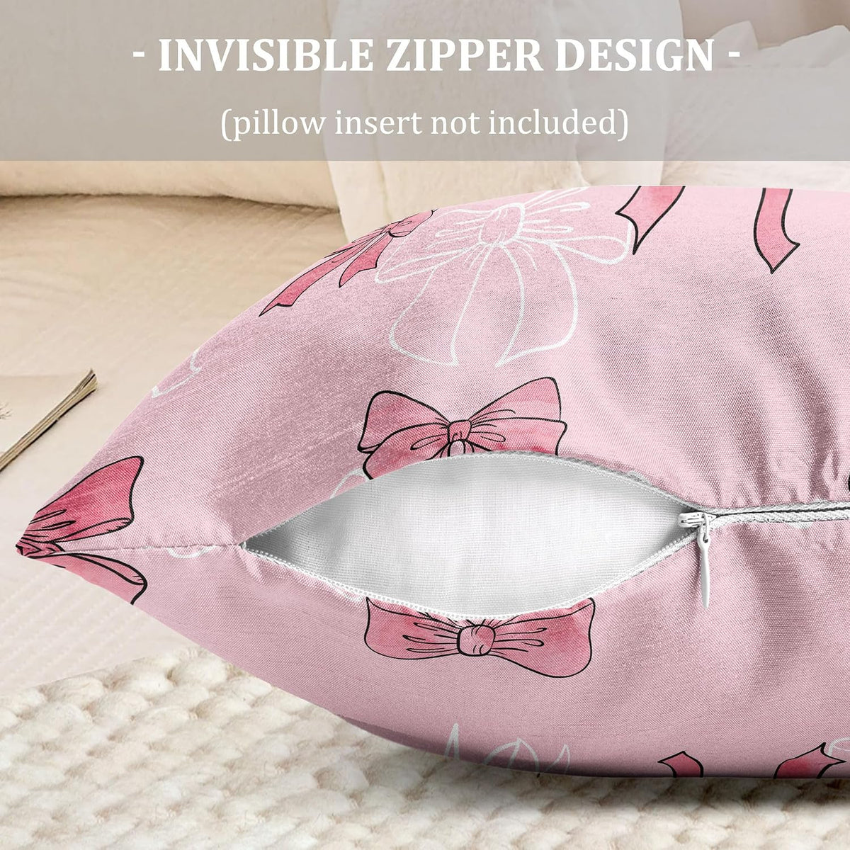 Pink Bow Throw Pillow Cover Case 18x18 Set of 2 Preppy Cute Aesthetic Art Decor Decorative Pillowcover Zipper Couch Women Girl Farmhouse Bedroom Square Sofa Cushion Living Room Bed Classroom