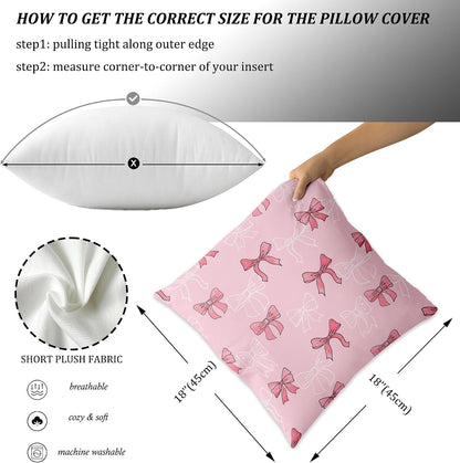 Pink Bow Throw Pillow Cover Case 18x18 Set of 2 Preppy Cute Aesthetic Art Decor Decorative Pillowcover Zipper Couch Women Girl Farmhouse Bedroom Square Sofa Cushion Living Room Bed Classroom