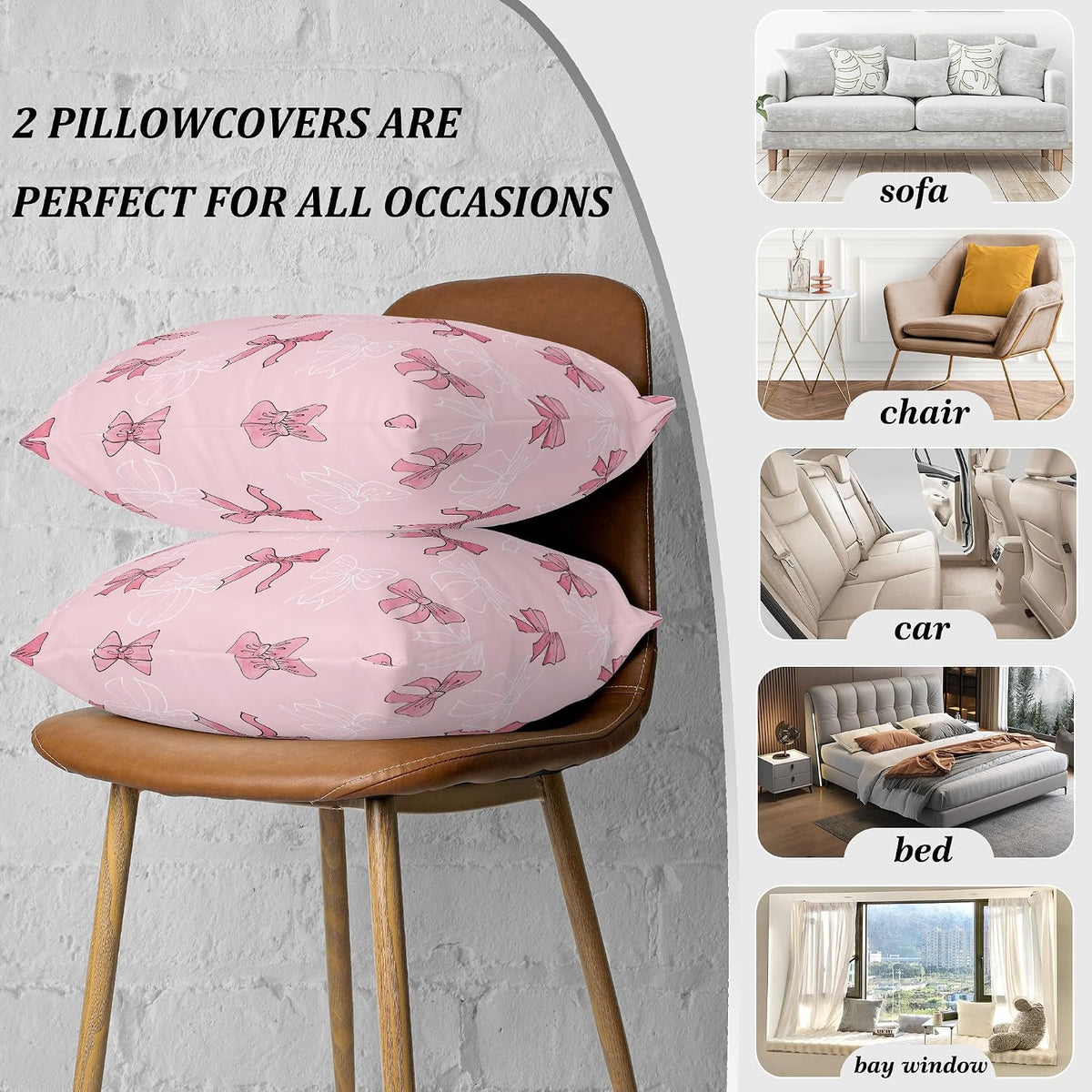 Pink Bow Throw Pillow Cover Case 18x18 Set of 2 Preppy Cute Aesthetic Art Decor Decorative Pillowcover Zipper Couch Women Girl Farmhouse Bedroom Square Sofa Cushion Living Room Bed Classroom