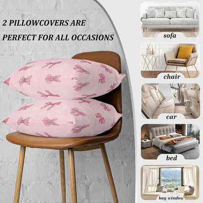Pink Bow Throw Pillow Cover Case 18x18 Set of 2 Preppy Cute Aesthetic Art Decor Decorative Pillowcover Zipper Couch Women Girl Farmhouse Bedroom Square Sofa Cushion Living Room Bed Classroom