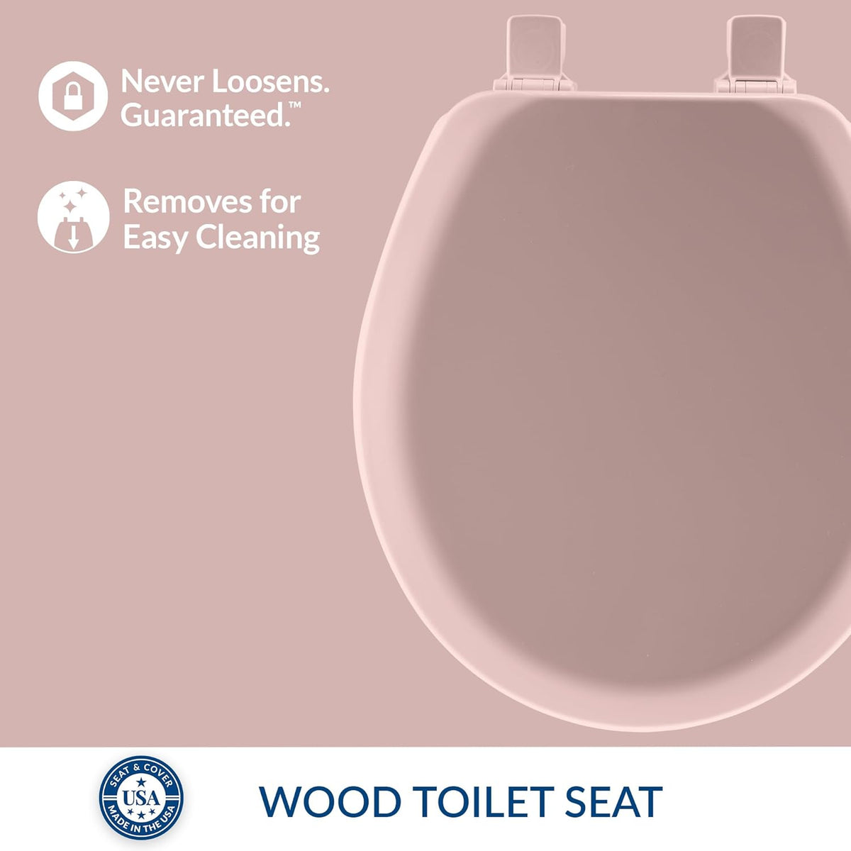 Mayfair Cameron Pink Toilet Seat, Non Slip Heavy Duty Wood, Easy Clean, Made in USA, Round