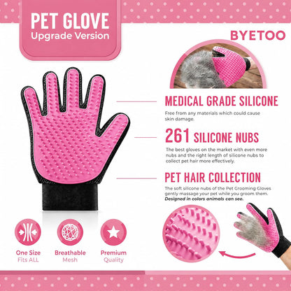 Pet Dog Cat Grooming Glove with 261Tips,Gentle Deshedding Brush Glove,Efficient Pet Hair Remover Mitt,Massage Tool with Enhanced Five Finger Design,for Dog,Cat,Rabbit,Horse with Long/Short Fur