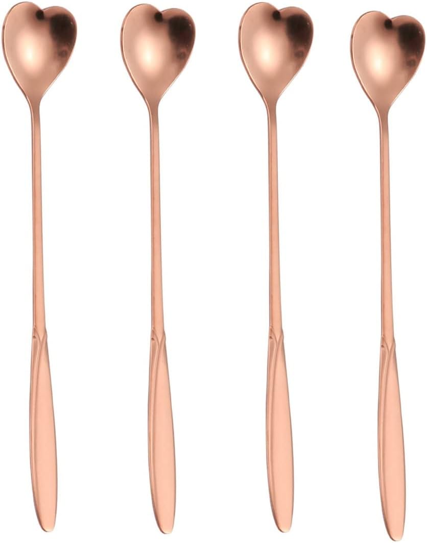 16-Piece Heart-Shaped Rose Gold Stainless Steel Coffee & Tea Spoon Set - 7 Inch Long Handle Stir Bar & Ice Cream Spoon