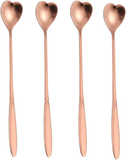 16-Piece Heart-Shaped Rose Gold Stainless Steel Coffee & Tea Spoon Set - 7 Inch Long Handle Stir Bar & Ice Cream Spoon
