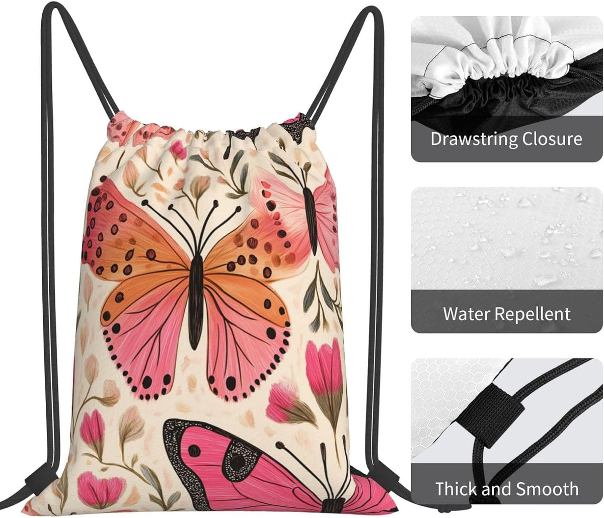 Drawstring Bags Colored Pink Butterflies Backpack Bag Travel Beach Sport Gym Sack String Yoga Bag