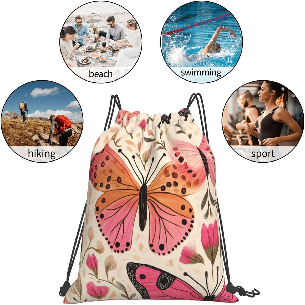 Drawstring Bags Colored Pink Butterflies Backpack Bag Travel Beach Sport Gym Sack String Yoga Bag