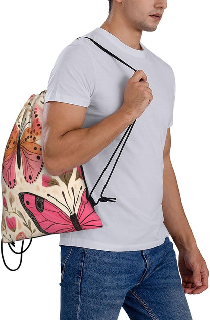 Drawstring Bags Colored Pink Butterflies Backpack Bag Travel Beach Sport Gym Sack String Yoga Bag