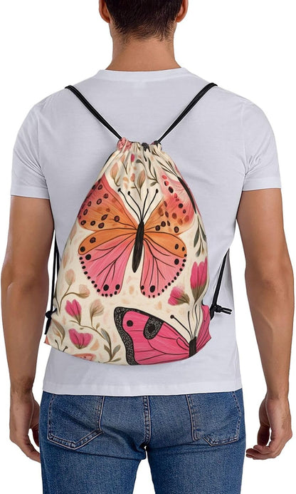 Drawstring Bags Colored Pink Butterflies Backpack Bag Travel Beach Sport Gym Sack String Yoga Bag