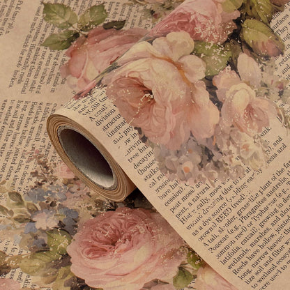 Kraft Vintage Floral Wrapping Paper - Mini Roll - 17 Inch x 16.5 Feet - Pink Retro Rose Flower Letter Print Newspaper Kraft Wrapping Paper for Birthday, Wedding, Bridal Shower, Anniversary