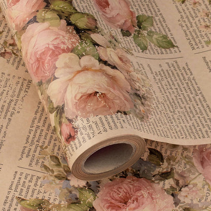 Kraft Vintage Floral Wrapping Paper - Mini Roll - 17 Inch x 16.5 Feet - Pink Retro Rose Flower Letter Print Newspaper Kraft Wrapping Paper for Birthday, Wedding, Bridal Shower, Anniversary