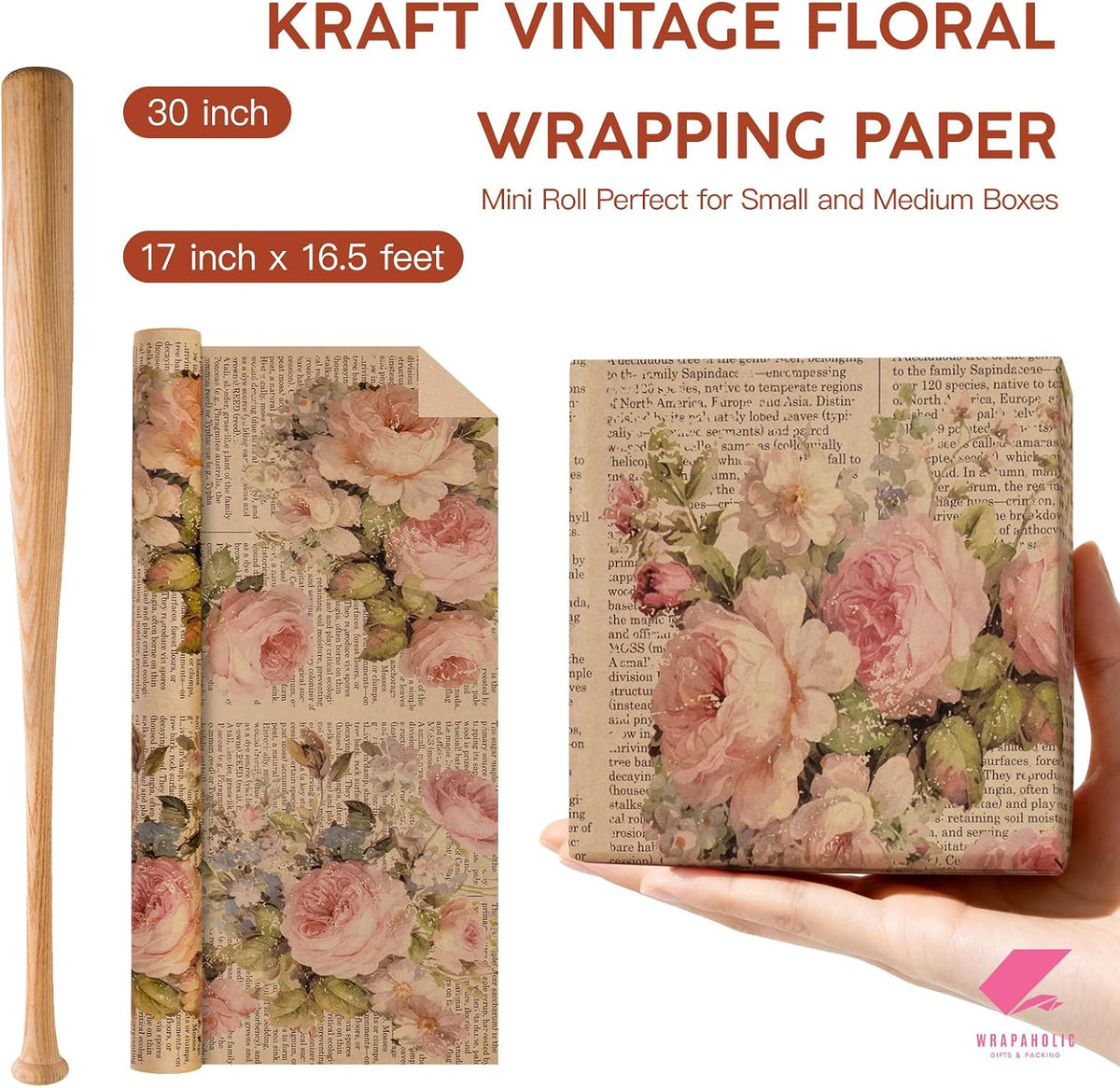 Kraft Vintage Floral Wrapping Paper - Mini Roll - 17 Inch x 16.5 Feet - Pink Retro Rose Flower Letter Print Newspaper Kraft Wrapping Paper for Birthday, Wedding, Bridal Shower, Anniversary