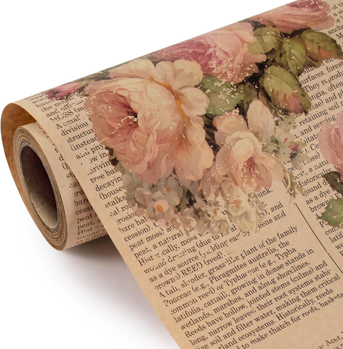 Kraft Vintage Floral Wrapping Paper - Mini Roll - 17 Inch x 16.5 Feet - Pink Retro Rose Flower Letter Print Newspaper Kraft Wrapping Paper for Birthday, Wedding, Bridal Shower, Anniversary