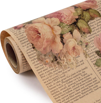 Kraft Vintage Floral Wrapping Paper - Mini Roll - 17 Inch x 16.5 Feet - Pink Retro Rose Flower Letter Print Newspaper Kraft Wrapping Paper for Birthday, Wedding, Bridal Shower, Anniversary