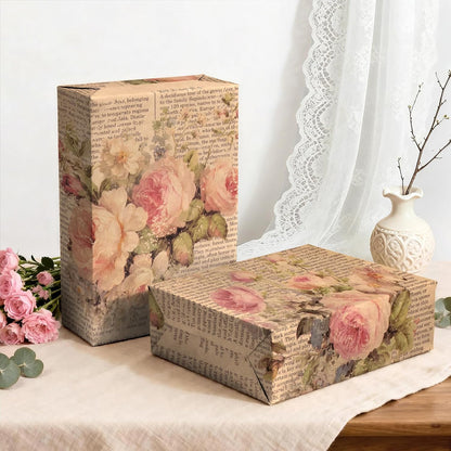 Kraft Vintage Floral Wrapping Paper - Mini Roll - 17 Inch x 16.5 Feet - Pink Retro Rose Flower Letter Print Newspaper Kraft Wrapping Paper for Birthday, Wedding, Bridal Shower, Anniversary