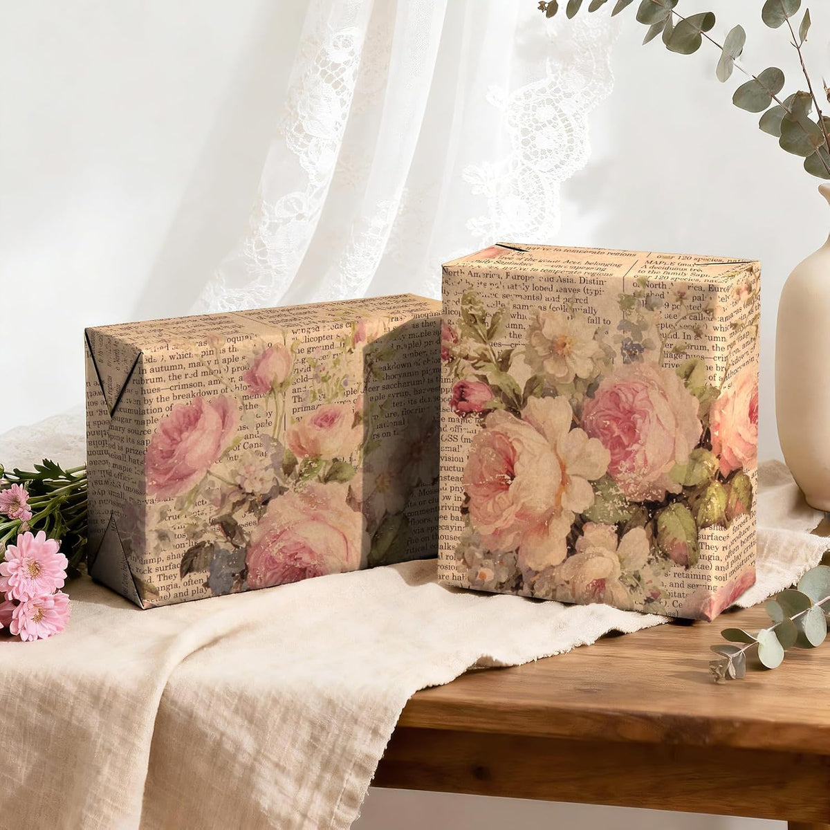 Kraft Vintage Floral Wrapping Paper - Mini Roll - 17 Inch x 16.5 Feet - Pink Retro Rose Flower Letter Print Newspaper Kraft Wrapping Paper for Birthday, Wedding, Bridal Shower, Anniversary