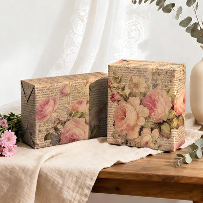 Kraft Vintage Floral Wrapping Paper - Mini Roll - 17 Inch x 16.5 Feet - Pink Retro Rose Flower Letter Print Newspaper Kraft Wrapping Paper for Birthday, Wedding, Bridal Shower, Anniversary