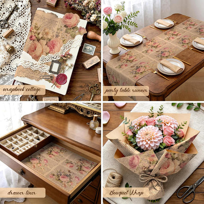 Kraft Vintage Floral Wrapping Paper - Mini Roll - 17 Inch x 16.5 Feet - Pink Retro Rose Flower Letter Print Newspaper Kraft Wrapping Paper for Birthday, Wedding, Bridal Shower, Anniversary