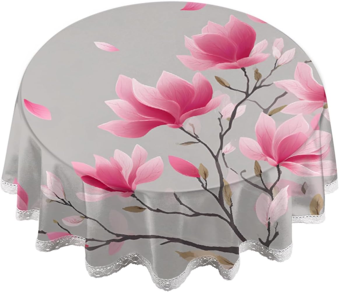 Round Tablecloth with Lace Trim Pink Magnolia Flower Art On Gray,60IN
