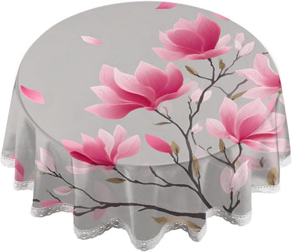 Round Tablecloth with Lace Trim Pink Magnolia Flower Art On Gray,60IN