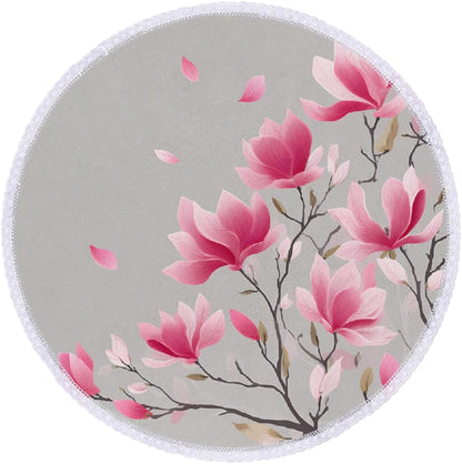 Round Tablecloth with Lace Trim Pink Magnolia Flower Art On Gray,60IN