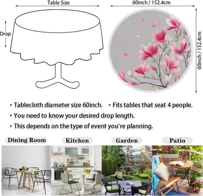 Round Tablecloth with Lace Trim Pink Magnolia Flower Art On Gray,60IN