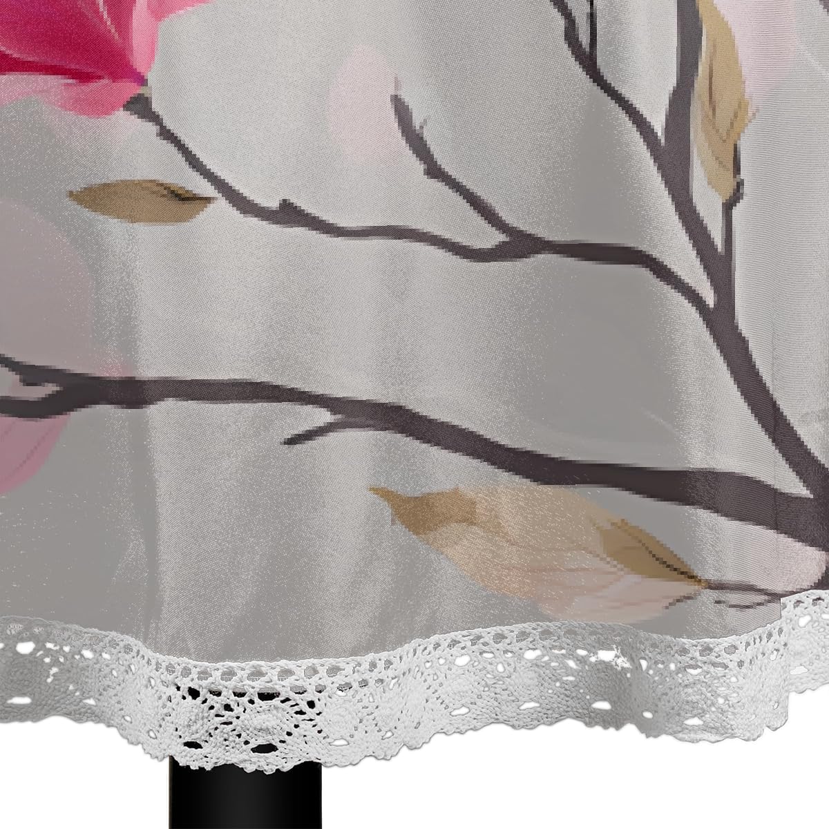 Round Tablecloth with Lace Trim Pink Magnolia Flower Art On Gray,60IN