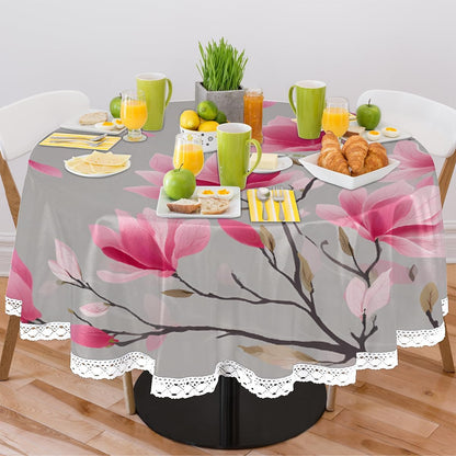Round Tablecloth with Lace Trim Pink Magnolia Flower Art On Gray,60IN