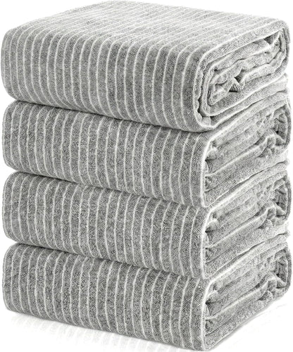 4 Pieces Extra Large Grey Striped Bath Towels Set 35 x 70 in Coral Fleece Oversized Beach Pool Bathroom Towel Highly Absorbent Soft Quick Dry Shower Bath Sheets for Hotel Spa