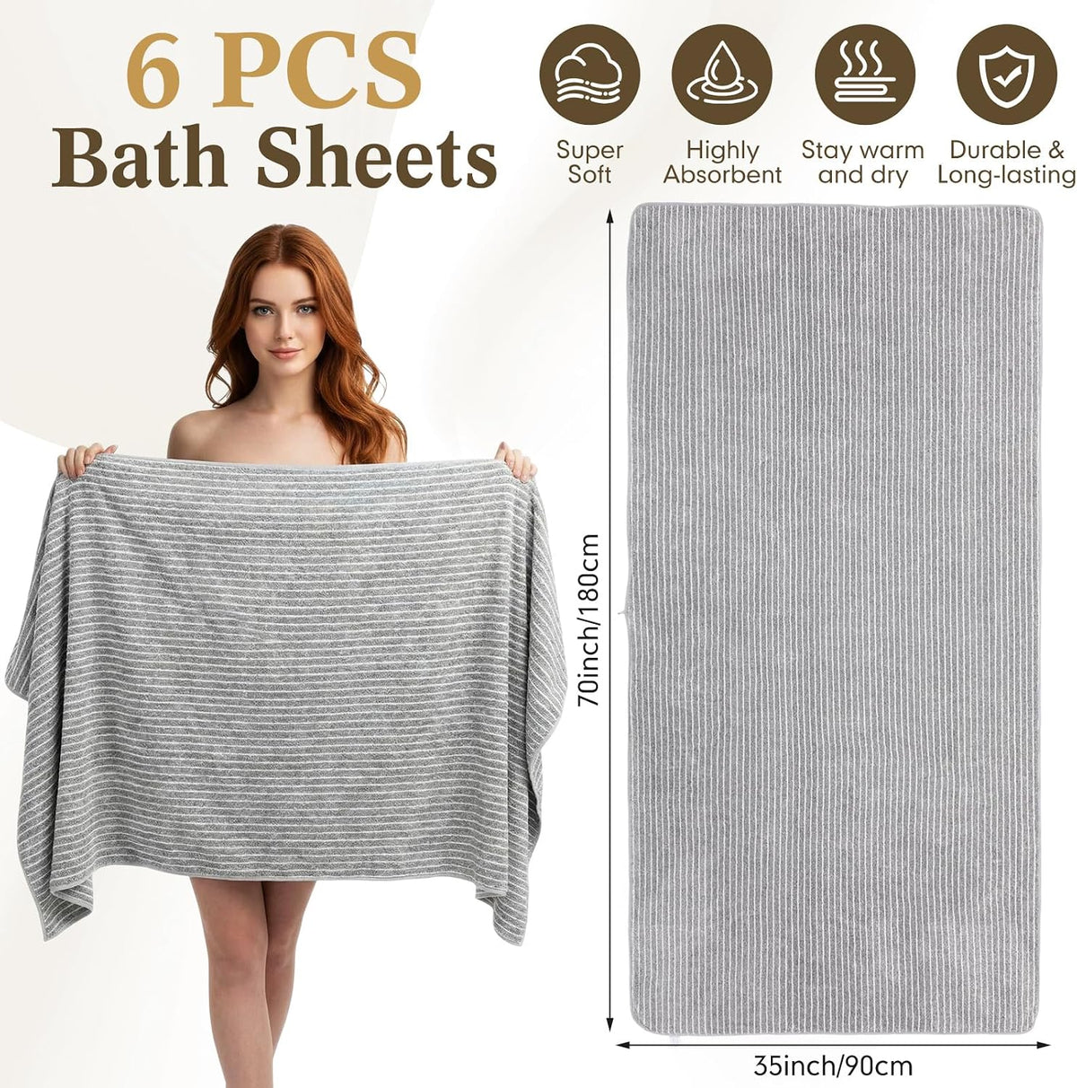 4 Pieces Extra Large Grey Striped Bath Towels Set 35 x 70 in Coral Fleece Oversized Beach Pool Bathroom Towel Highly Absorbent Soft Quick Dry Shower Bath Sheets for Hotel Spa