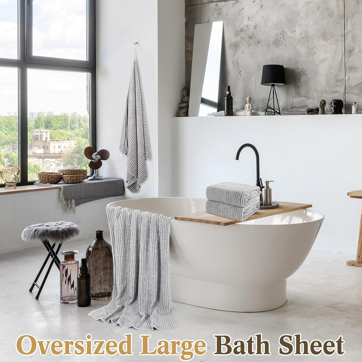 4 Pieces Extra Large Grey Striped Bath Towels Set 35 x 70 in Coral Fleece Oversized Beach Pool Bathroom Towel Highly Absorbent Soft Quick Dry Shower Bath Sheets for Hotel Spa