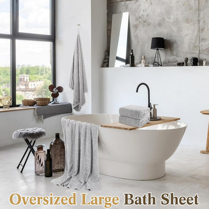 4 Pieces Extra Large Grey Striped Bath Towels Set 35 x 70 in Coral Fleece Oversized Beach Pool Bathroom Towel Highly Absorbent Soft Quick Dry Shower Bath Sheets for Hotel Spa
