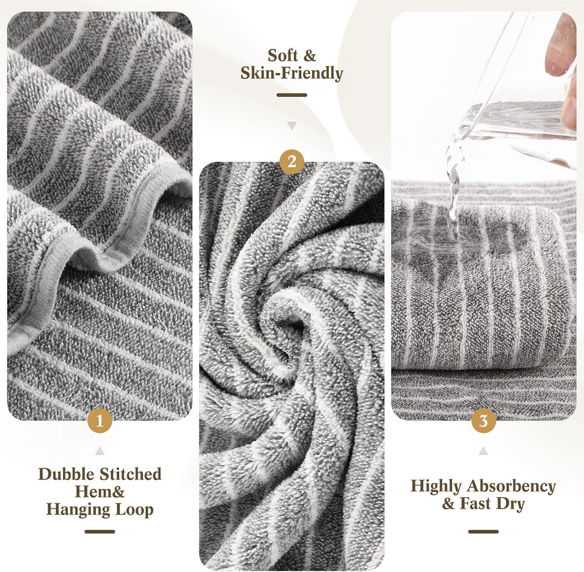 4 Pieces Extra Large Grey Striped Bath Towels Set 35 x 70 in Coral Fleece Oversized Beach Pool Bathroom Towel Highly Absorbent Soft Quick Dry Shower Bath Sheets for Hotel Spa