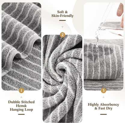 4 Pieces Extra Large Grey Striped Bath Towels Set 35 x 70 in Coral Fleece Oversized Beach Pool Bathroom Towel Highly Absorbent Soft Quick Dry Shower Bath Sheets for Hotel Spa